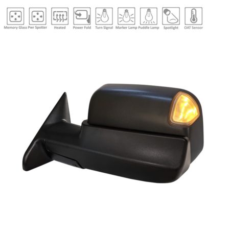 Left Mirror outside rear view w/Towing Pkg; w/o Blind Spot Sensor; w/Memory; Black - RAM 2500 2019-2021