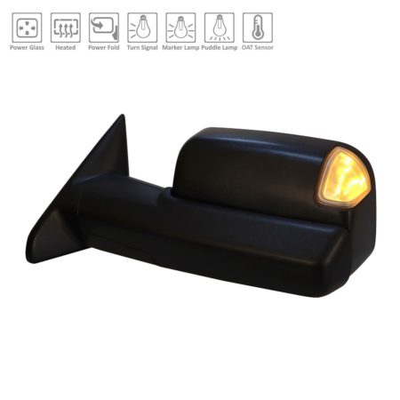 Left Mirror outside rear view w/Towing Pkg; w/o Blind Spot Sensor; w/o Memory; Pwr Folding; Black - RAM 2500 2019-2021